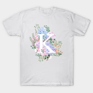 botanical monogram alphabet K hydrangea flowers T-Shirt